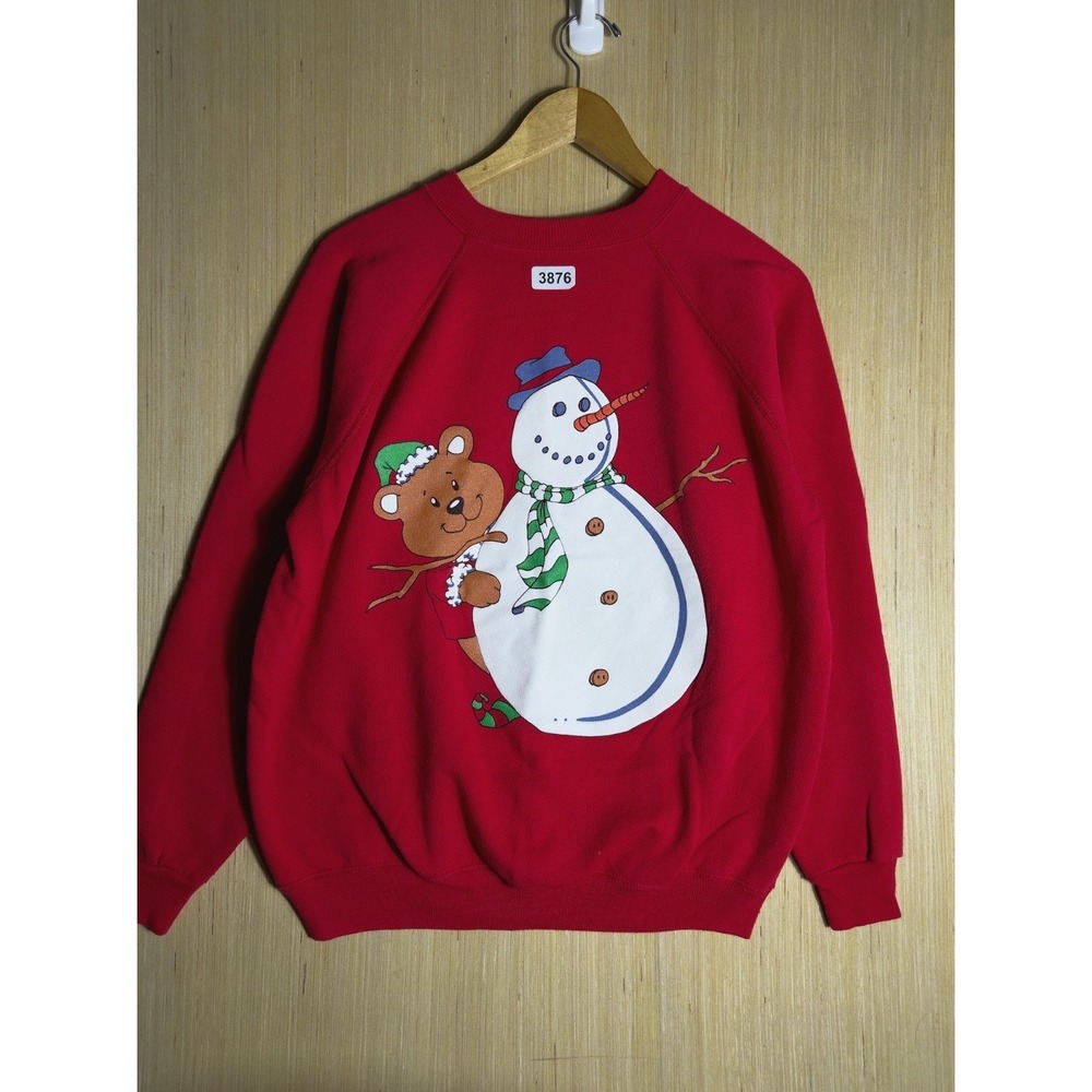 Vintage Christmas Sweater Adult Large Red Long Sleeve Men's Pullover 90s Snowman